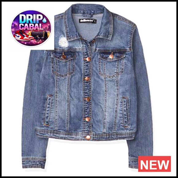 Women's Denim Jacket with Distressed Details, Button Pockets - Picture 3 of 3
